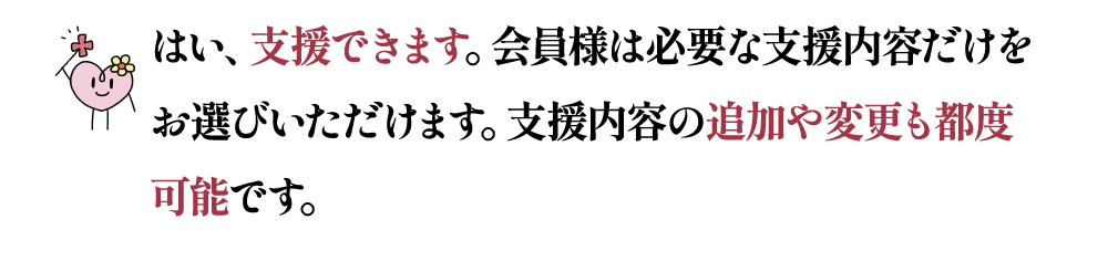 はい、支援できます。会員様は必要な支援内容だけをお選びいただけます。支援内容の追加や変更も都度可能です。