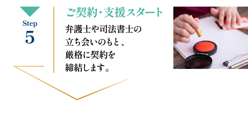ご契約・支援スタート 弁護士や司法書士の立ち会いのもと、厳格に契約を締結します。